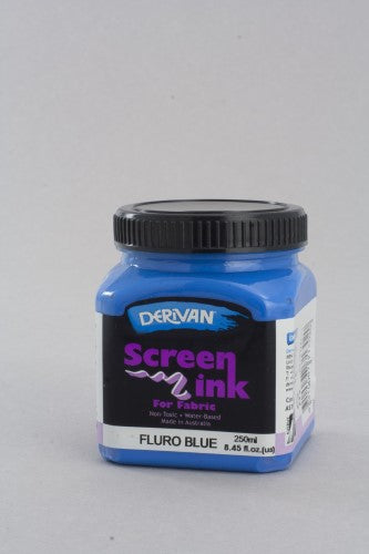 Fluorescent blue Derivan Screen Ink in a 250ml bottle, perfect for safe, vibrant fabric printing and tie-dye projects.