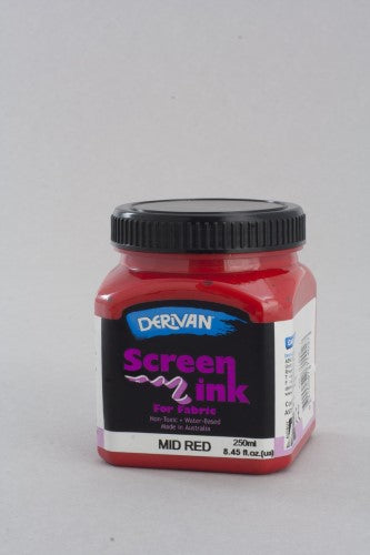 Vibrant mid red screen ink in a 250ml bottle, ideal for safe silk screen printing on fabric and tie-dye projects.