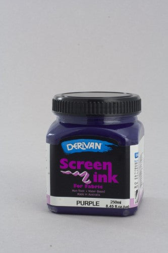 Purple Derivan Screen Ink in a 250ml bottle, non-toxic and water-based, ideal for fabric printing and tie dyeing projects.