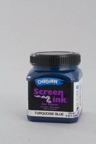 Vibrant turquoise 250ml Derivan screen ink, ideal for safe fabric printing and tie dyeing, perfectly non-toxic and water-based.