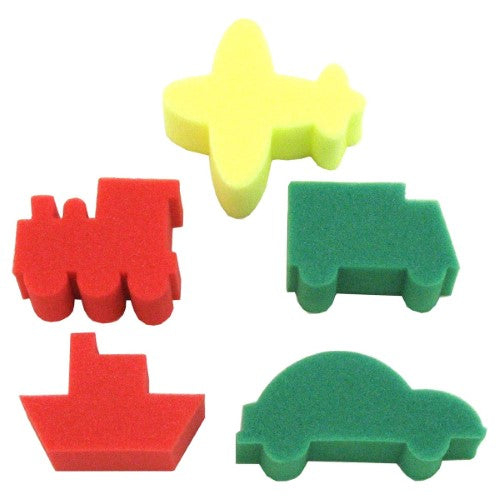 Kids Painting Sponge Set featuring 5 washable sponges in fun transport shapes for creative art activities.
