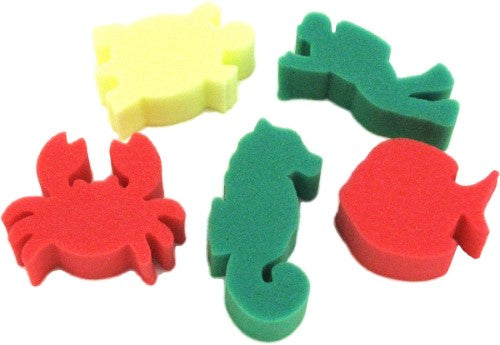 Vibrant sponge painting set for kids featuring 5 sea creature shapes for creative, mess-free art activities.