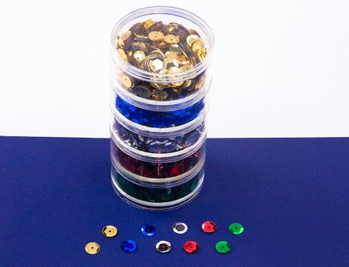 Vibrant, high-quality assorted sequins in stackable tubs, perfect for enhancing DIY crafts and creative projects.