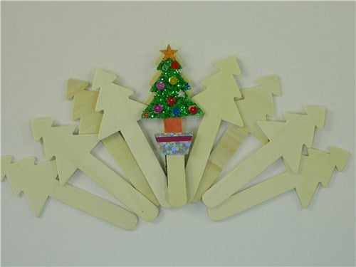 Ten wooden Christmas tree craft sticks for festive DIY projects, perfect for kids and adults to paint and embellish.