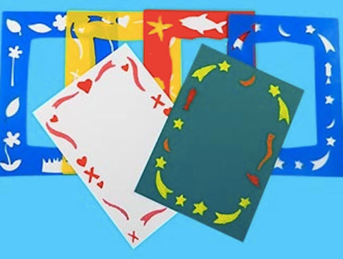 Set of 4 durable A4 plastic border stencils for kids, perfect for arts and crafts with crayons, pens, and paints.