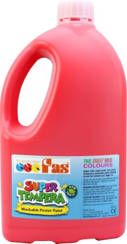 Vibrant 2ltr Fas Super Tempera paint in Brill Red, ideal for artistic projects and classroom use, safe and non-toxic.