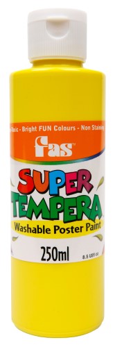 Fas Super Tempera 250ml Dp Yellow, vibrant non-toxic paint ideal for art projects, washes out easily, glows under UV light.