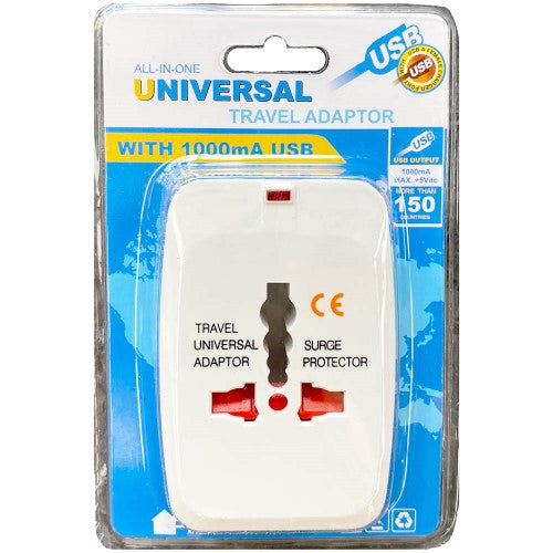 Compact Universal Travel Power Adaptor with USB, compatible with multiple plug types for global charging convenience.