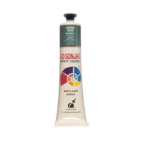 Jo Sonja's 75ml Antique Green Acrylic Paint in a tube, featuring rich opacity and a velvet matte finish for versatile art use.