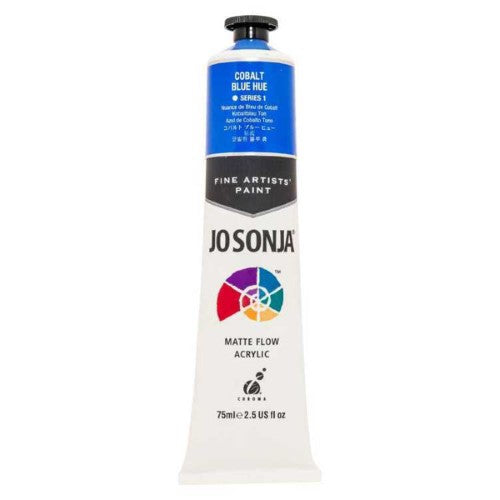 A bottle of Jo Sonja's 75ml Cobalt Blue Hue Acrylic Paint, showcasing its vibrant color and matte finish for various art projects.