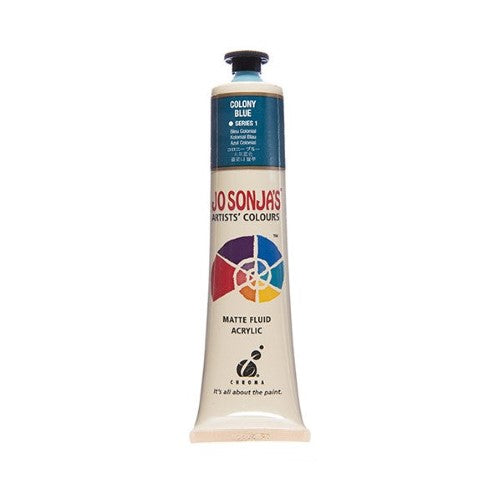 A 75ml tube of Jo Sonja's Colony Blue acrylic paint, showcasing vibrant color, opacity, and a velvet matte finish for artists.