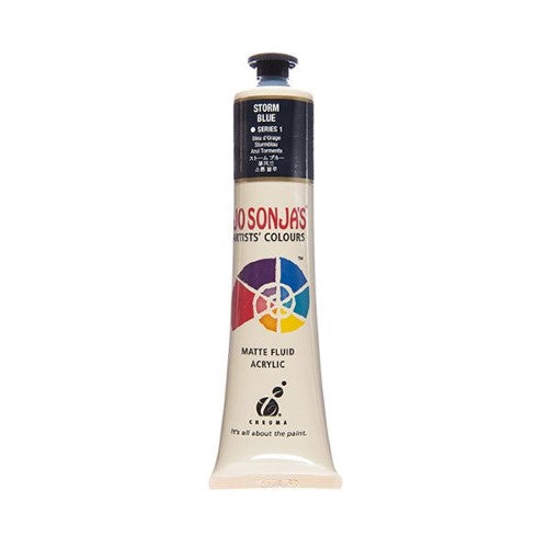 A bottle of Jo Sonja's 75ml Storm Blue Acrylic Paint, featuring vibrant pigment and a rich matte finish for versatile art applications.