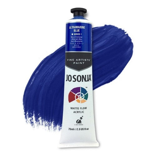 Acrylic paint in vibrant ultramarine blue, designed for artists with a velvet matte finish and water-resistant qualities.