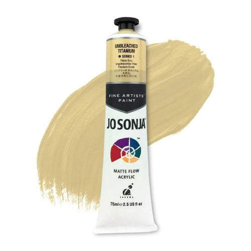 Acrylic paint tube of Jo Sonja's Unbleached Titanium White, featuring a velvet matte finish and water-resistant formula, ideal for artists.