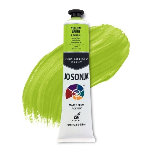 A 75ml tube of Jo Sonja's acrylic paint in vibrant Yellow Green, perfect for durable, high-opacity artistic applications.