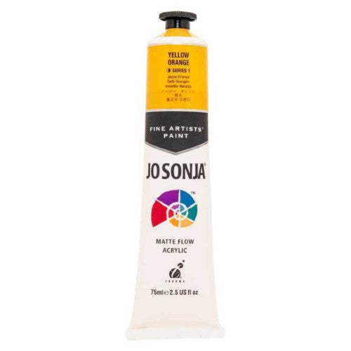 A vibrant 75ml tube of Jo Sonja's Yellow Orange acrylic paint, ideal for artists seeking quality and versatility.