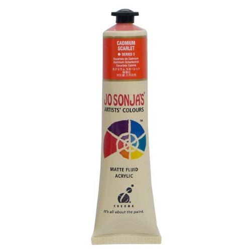 Jo Sonja's 75ml Cadmium Scarlet acrylic paint, vibrant, water-resistant with a matte finish for versatile artistic applications.