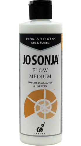 A bottle of Jo Sonja's 250ml Flow Medium for acrylic painting, enhancing color fluidity and versatility for artists.