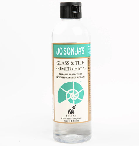 A 250ml bottle of Jo Sonja's Glass & Tile Primer, ideal for enhancing adhesion on glass and ceramic surfaces.