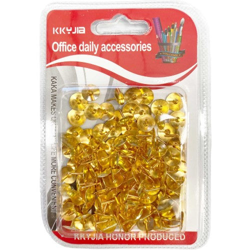 Gold tack pins in a 6 pack, 125 durable and stylish pins for organizing notes and artwork on bulletin boards.