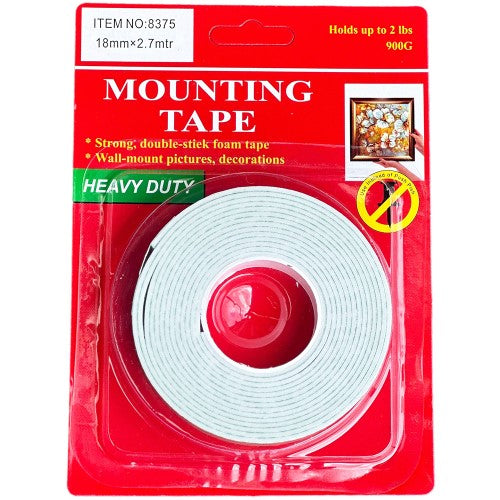 Heavy-duty double-sided mounting tape, 1.8cm x 2.7m, 3 rolls for hanging, securing, and fastening lightweight items.