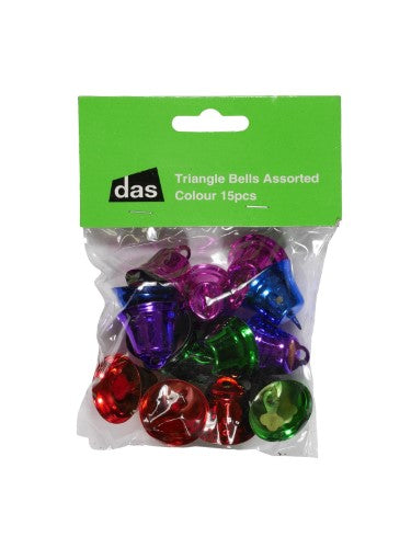 Vibrant assorted triangle bells in 15 pieces, perfect for crafts, scrapbooking, and festive decorations.