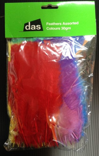 Vibrant assorted color feathers in 30gm pack, perfect for enhancing crafts, decorations, and DIY projects.