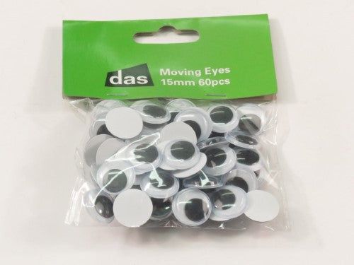 Pack of 60 self-adhesive 15mm moving eyes in black and clear, perfect for adding life to crafts and DIY projects.