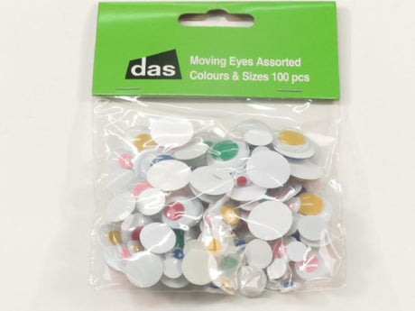 Assorted pack of 100 movable googly eyes in various colors and sizes for creative crafts and DIY projects.
