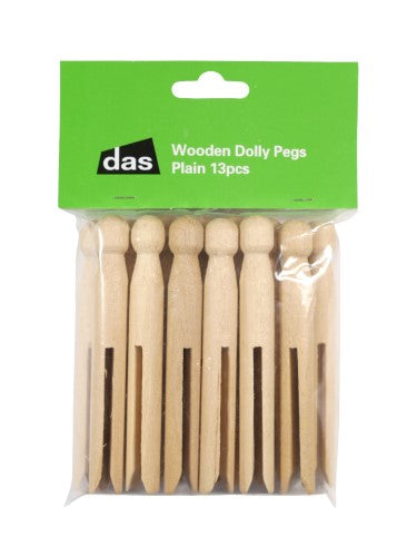 Set of 13 durable, eco-friendly wooden dolly pegs, 11cm long, ideal for laundry, crafting, and home organization.