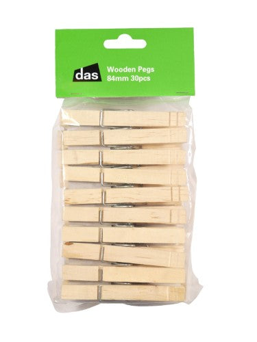 Wooden pegs with spring, 84mm, 30-pack; ideal for crafting, sewing, and organizing while providing a rustic charm.