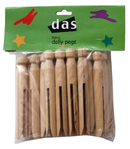 30 wooden dolly pegs, each 11cm long, perfect for crafting, organization, and customizable projects.