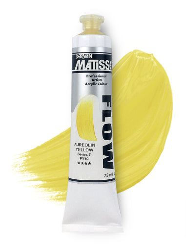 A 75ml tube of Matisse Flow Acrylic Paint in vibrant Aureolin Yellow S7, ideal for smooth brushwork and dynamic airbrush effects.