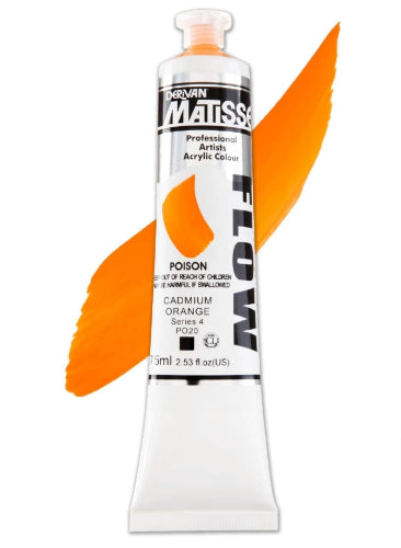 Vibrant Cad Orange Matisse Flow Acrylic Paint in a 75ml tube, perfect for fine brushwork and versatile painting techniques.