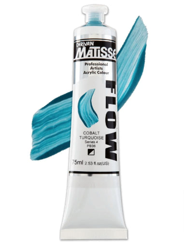 Vibrant Matisse Flow Cobalt Turquoise acrylic paint in 75ml, perfect for fluid brushstrokes and versatile creative techniques.
