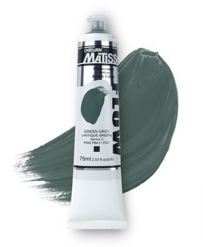 Matisse Flow Green Grey S2 acrylic paint in a 75ml tube, ideal for versatile techniques and smooth application in artwork.