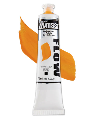 Vibrant Matisse Flow Iso Yellow S6 acrylic paint in a 75ml tube, ideal for smooth brushstrokes and rich color application.