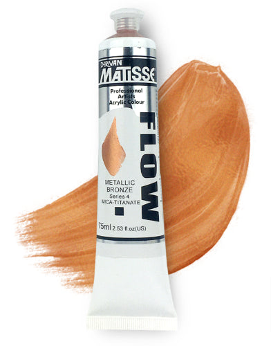 A bottle of Matisse Flow 75ml Metallic Bronze acrylic paint, perfect for vibrant, smooth brushwork and artistic creativity.