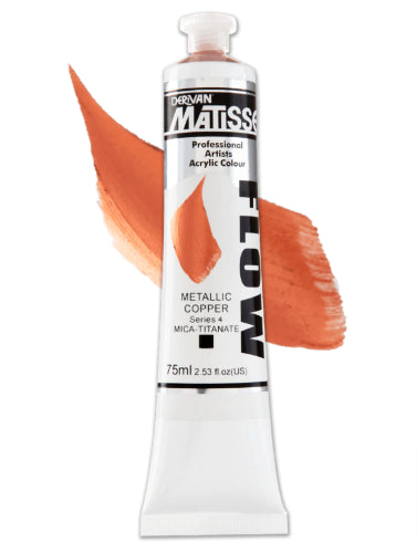 Matisse Flow 75ml Metallic Copper S4 acrylic paint with vibrant metallic sheen, perfect for detailed artistry and airbrush application.