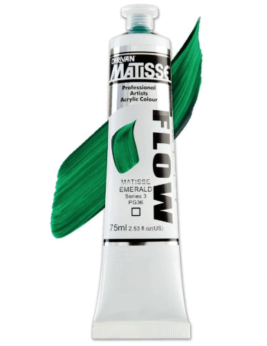 Vibrant Matisse Flow Acrylic Paint in Emerald S3, ideal for detail work and versatile techniques with a smooth, low-sheen finish.
