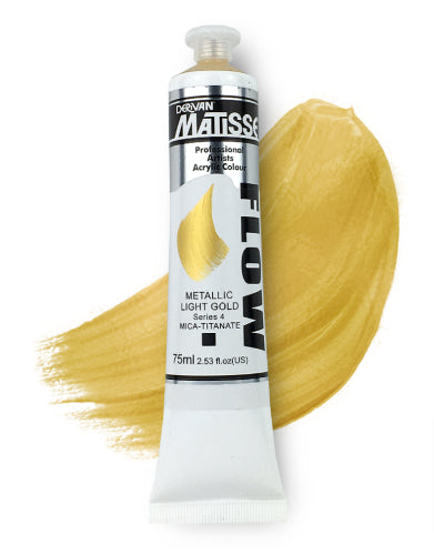 A 75ml tube of Matisse Flow Metallic Lt Gold acrylic paint, showcasing its luxurious metallic sheen for vibrant artistic creations.