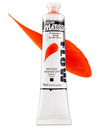 Vibrant Matisse Flow Acrylic Paint in Matisse Orange DPP, 75ml, designed for smooth brushstrokes and versatile painting techniques.