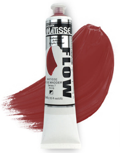 Matisse Flow Acrylic Paint 75ml in Rose Madder S7, featuring vibrant colors, low-sheen finish, and versatile flow for all techniques.