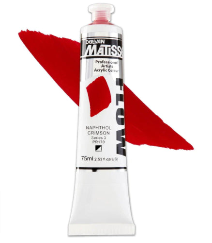 Vibrant 75ml Matisse Flow Acrylic Paint in Napthol Crimson, ideal for smooth brushwork and detailed artistic creations.