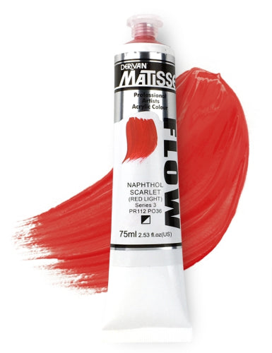 Vivid Matisse Flow Acrylic Paint in Napthol Scarlet S3, ideal for smooth, free-flowing brushwork and versatile art techniques.