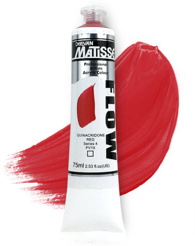 Matisse Flow 75ml Quinacridone Red acrylic paint, ideal for vibrant brushwork and diverse artistic techniques.