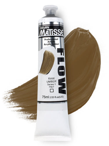 Matisse Flow 75ml Raw Umber S1 acrylic paint tube, known for its fluid consistency and versatility in artistic techniques.