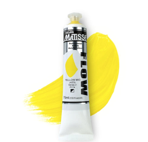 Matisse Flow 75ml Yellow Mid Azo S2 acrylic paint, featuring a thin viscosity for smooth brushstrokes and vibrant color application.