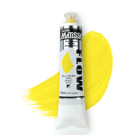 Matisse Flow 75ml Yellow Mid Azo S2 acrylic paint, featuring a thin viscosity for smooth brushstrokes and vibrant color application.