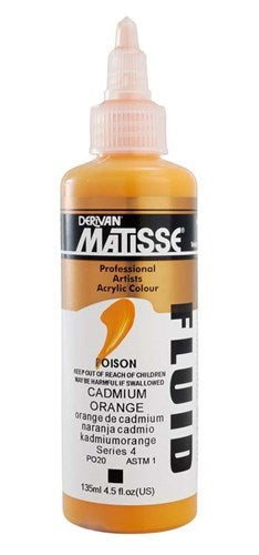 Matisse Fluid Acrylic Paint in Cadmium Orange, 135ml, offers vibrant, highly pigmented color for versatile artistic expression.